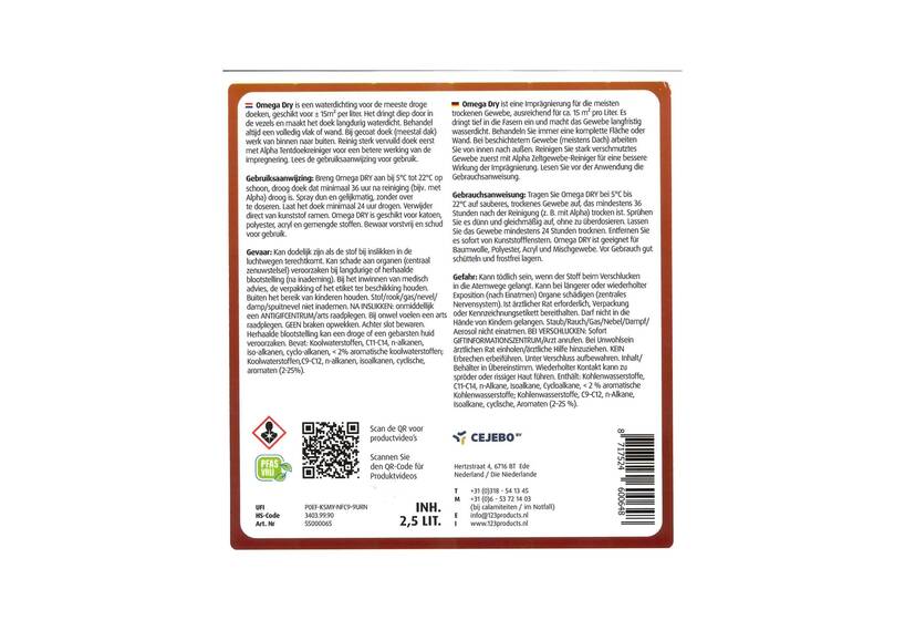 123 Products Omega Dry Imprägnier, um Zeltstoff zu imprägnieren, 2,5 Liter